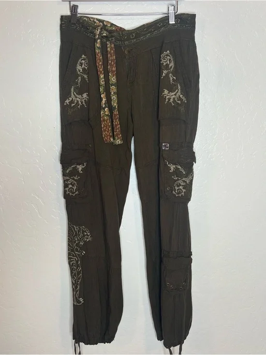 Miss Me Y2K Low Rise Green Embroidered Boho Pants 32/34” Boho Skater Festival - Picture 2 of 16
